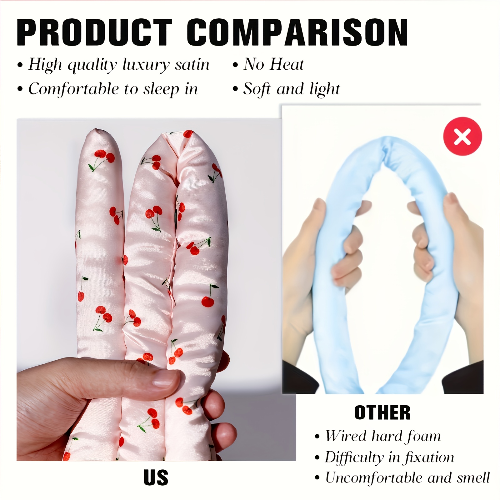 Ellitina 4pcs Cherry Print Satin Heatless Curler Set, Overnight Hair Curler to Sleep In, No Heat Curling Rods, with Satin Scrunchies And Clip