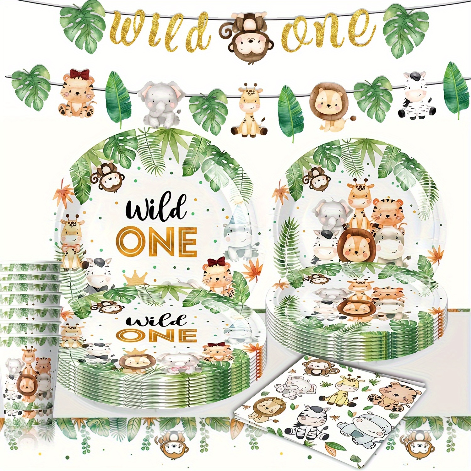 

Wild 1 Birthday Decorations, 1st Birthday Party Decorations, Jungle Theme Party Tableware Includes Paper Plates Cups And Napkins, Animal Jungle Birthday Decorations Dinnerware Set