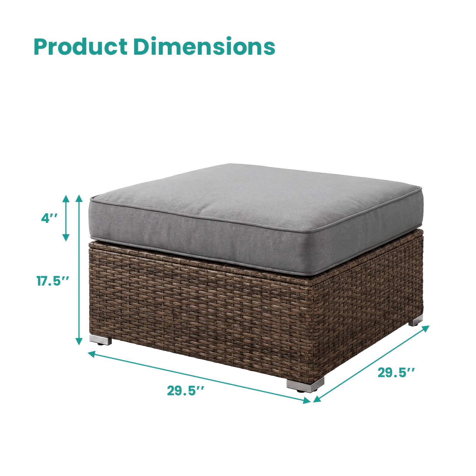 2pcs Large Square Outdoor Wicker Ottoman Set with Thick Cushions - All-Weather PE Rattan Suitable for Garden, Poolside, Patio Furniture, Grey/White Cushioned Stool, Footrest for /Outdoor Use, Assembly & Low Maintenance