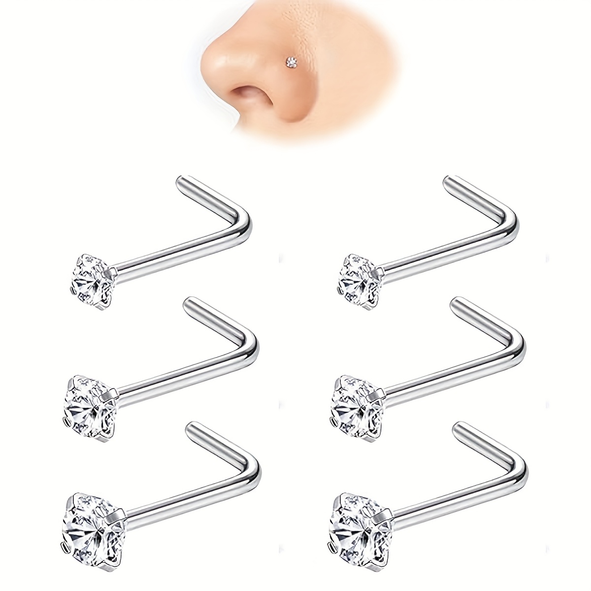 E-shop 6er Set Nasenstifte - Hypoallergene chirurgische 304 Edelstahl Nasenring 20G Nasenpiercing Stift 2 mm 2,5 mm 3 mm CZ Schrauben Nasenring Stifte