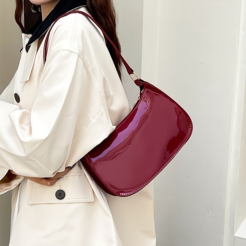 

Women's Fashion Vintage Hong Kong Style Shoulder Bag, Solid Color Red Pu Leather, Zipper Closure, No Lining, No Embellishments, Lightweight With Fixed Strap, Casual Occasion Handbag