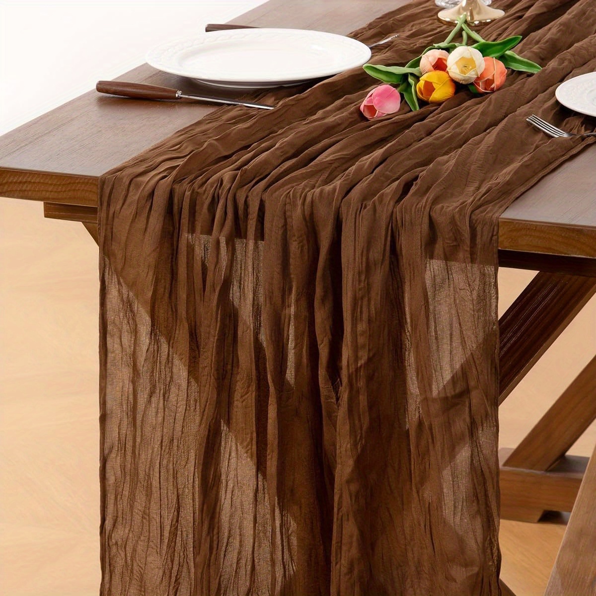 E-shop 4er-Set kaffeefarbene Mulltischläufer, 35x118 Zoll lang, rustikaler Landhausstil, durchsichtige Tischdecke aus Musselin im böhmischen Stil,