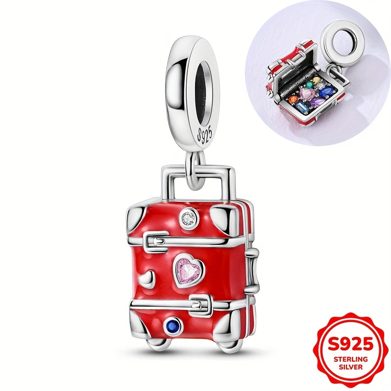 

1pc Chic 925 Sterling Silver Red Mini Suitcase Charm With Heart & Gemstone Accents - Ideal For Diy Bracelets & Necklaces, Perfect Vacation Gift