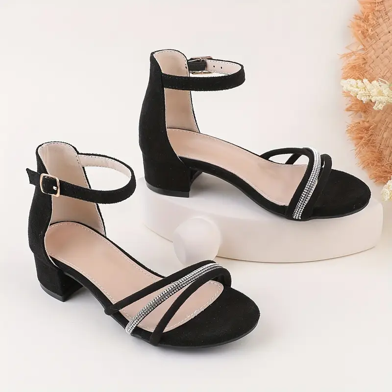 Girls' Black Sandals with Bow Detail High Heel Open-Toe Dress Shoes for Weddings, Parties Casual Wear Comfortable Cover TPR Sole to