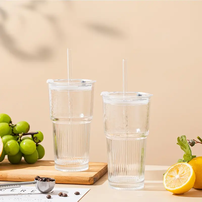 glasses with lid and straw 4 2pcs stylish ribbed design drinking cups for iced coffee cups juices smoothies cold drinks cleaning brushes included durable glassware Product details 0
