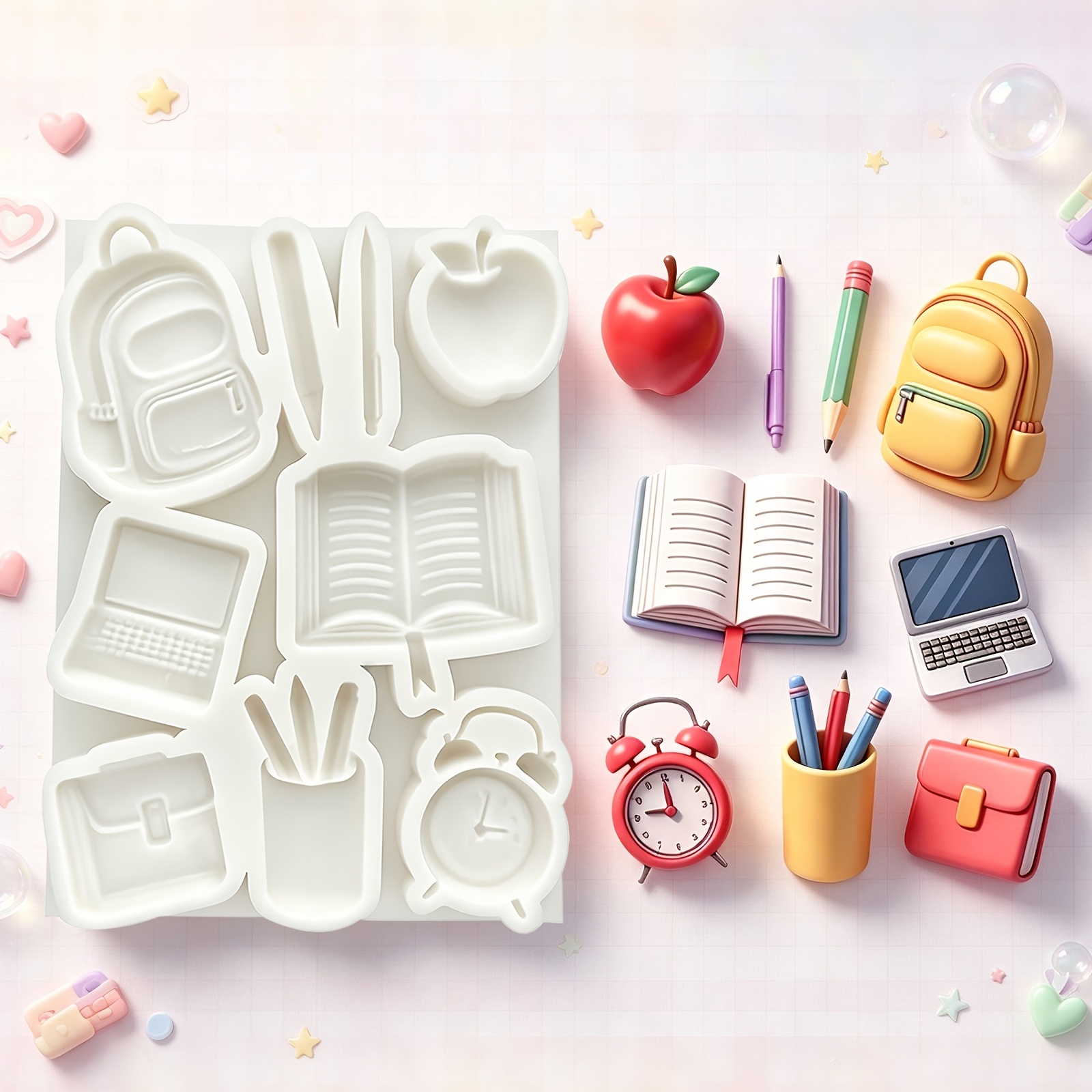 TEMU 1pc Schoolbag, Books, Notebooks, Computer, Candies, Cakes, Decorative Fondant Molds, Pencil Holder, Alarm Clock, -shaped Silicone Molds,