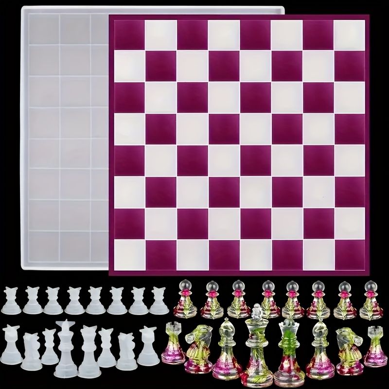 

International Chess Set With Chessboard Silicone Mold, 16pcs Full-size 3d International Chess Crystal Epoxy Resin Casting Mold, For Diy Art Crafts, Home Party Chessboard Games And Home Decoration