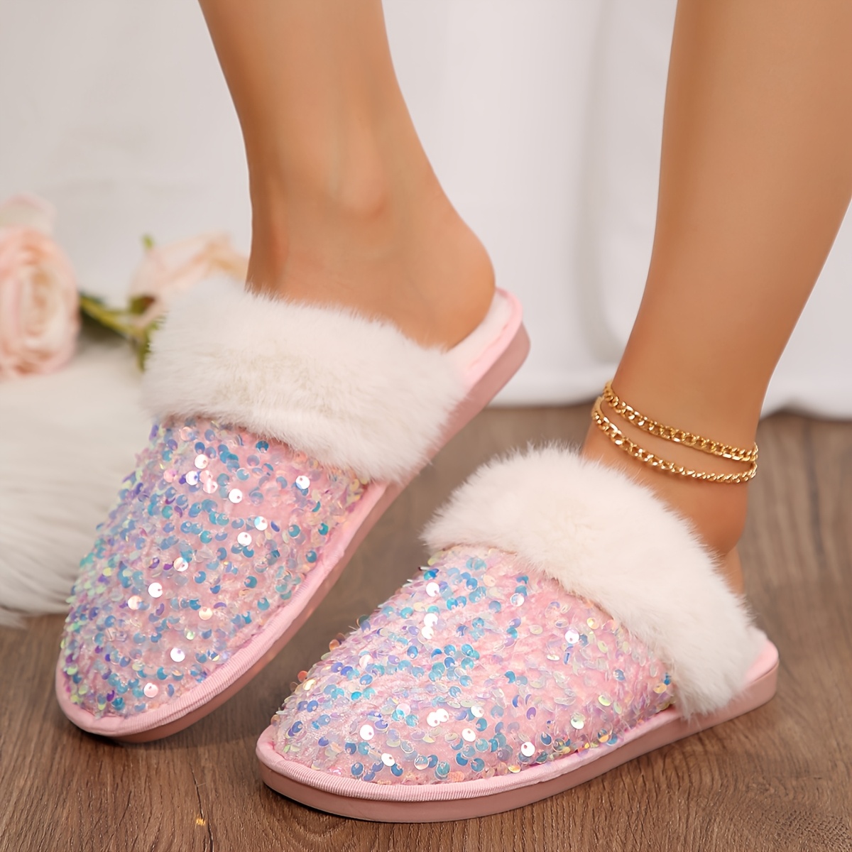 Women'S Sparkling Sequin & faux fur Slippers - Winter Warmth Indoor/Outdoor House Shoes with Plush Lining, Soft EVA Sole & Cushioned Insole