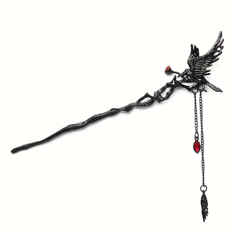 TEMU 1pc Creative Gothic Thorn Crow Hairpin For Women, High-end Tassel Hair Stick With Rose-clutching
