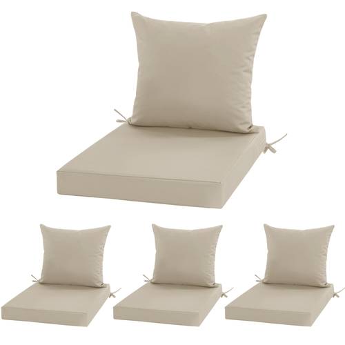 outdoor patio cushions beige deep seat and back cushion set waterproof fade resistant all weather 3 inch thick high density foam with ties hidden zipper removable cover for wicker deck porch chair furniture