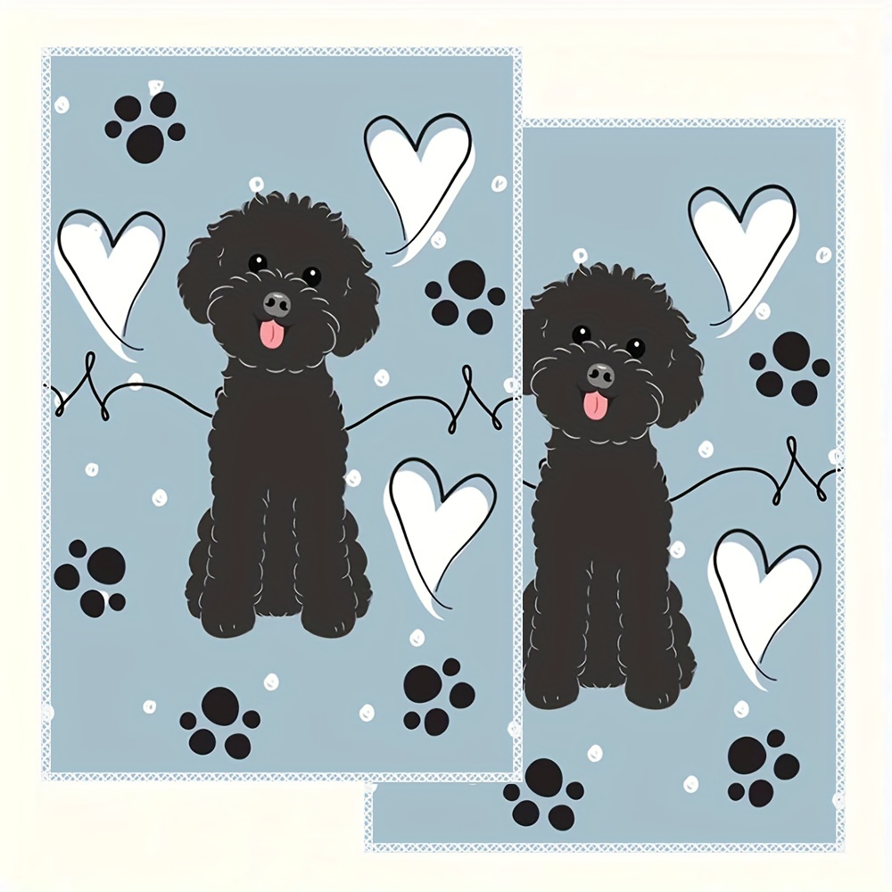 

2-pack Vintage Style Polyester Dish Towels - Machine Washable Knit Fabric Dish Cloths With Cartoon Black Toy Poodle Design For Kitchen Cleaning - Antibacterial Patterned Oblong Sink Pads For Christmas