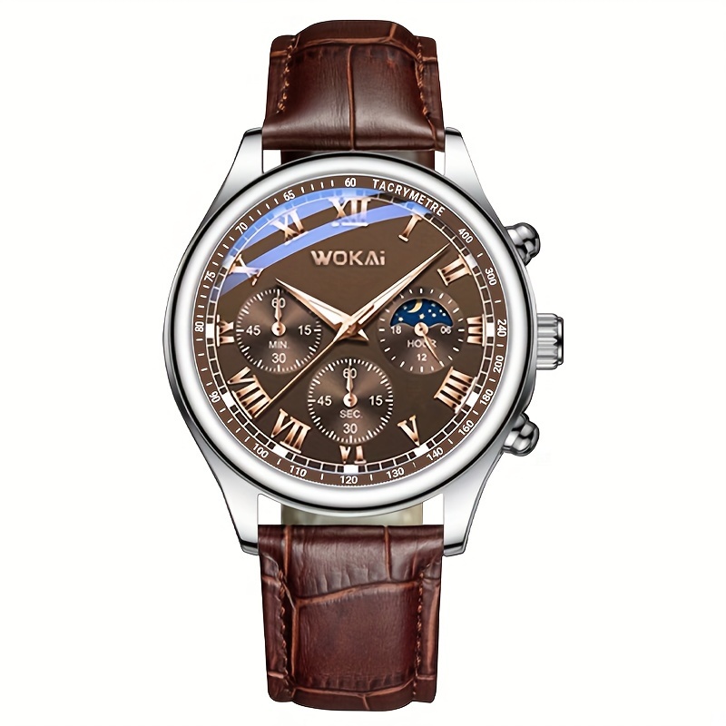   mens casual quartz watch   round dial wristwatch with   leather strap non waterproof electronic drive ideal gift plastic case details 4