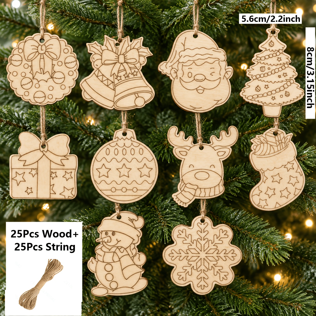 TEMU 25pcs Set Of Wooden Christmas Tree Sock Bell Snowflake-shaped Ornaments, Christmas Themed Wooden Decorations, Includes 25 Wood Pieces And 25