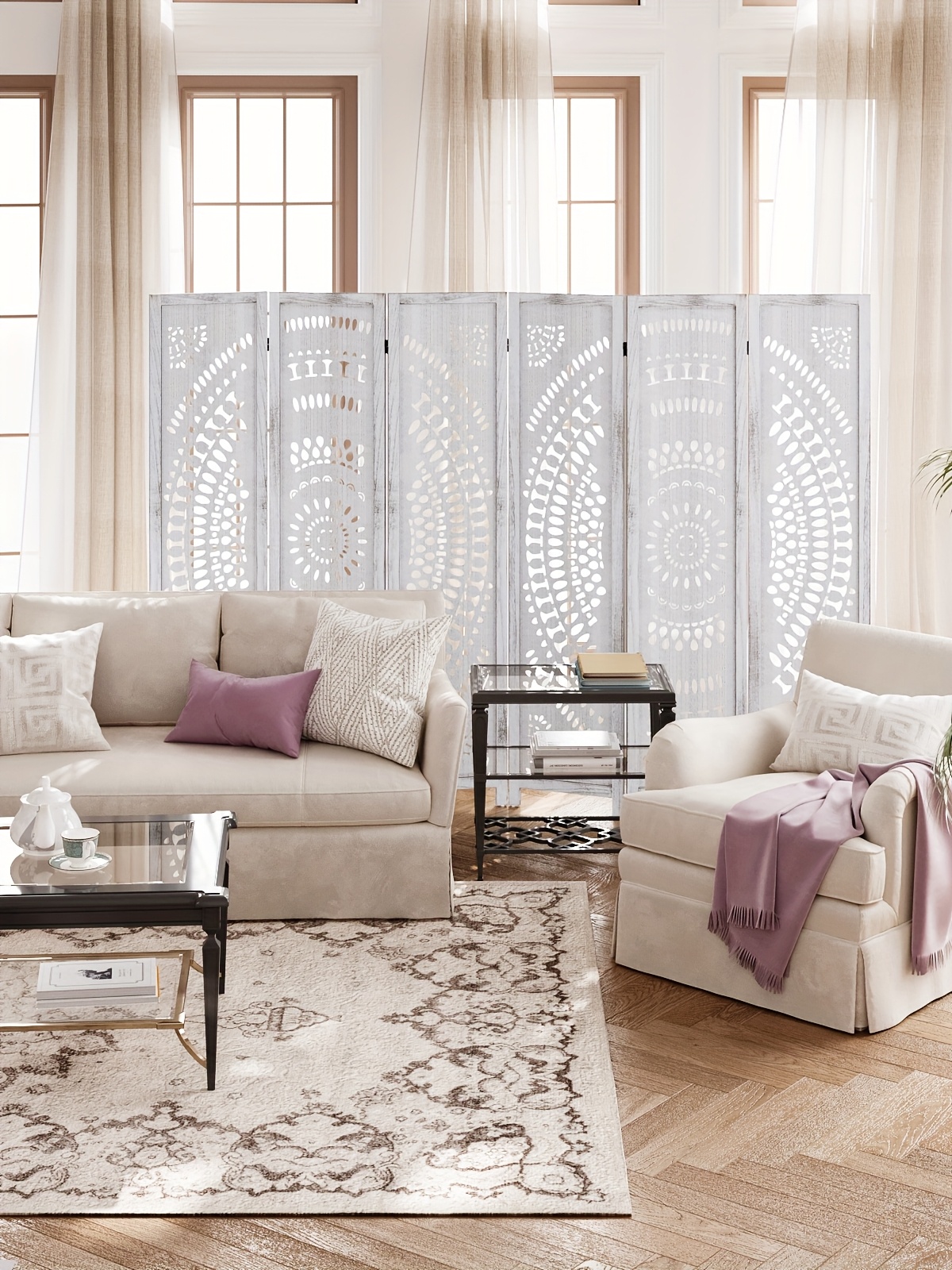 3/6 Panel Boho Folding Room Divider - Carved Wood Privacy Screen, Adjustable Indoor/Outdoor Farmhouse Partition with Lightweight HDF Board & Wood Veneer Panels, Portable Room Divider for Home, Office, Garden, Patio Suitable for Privacy Screening