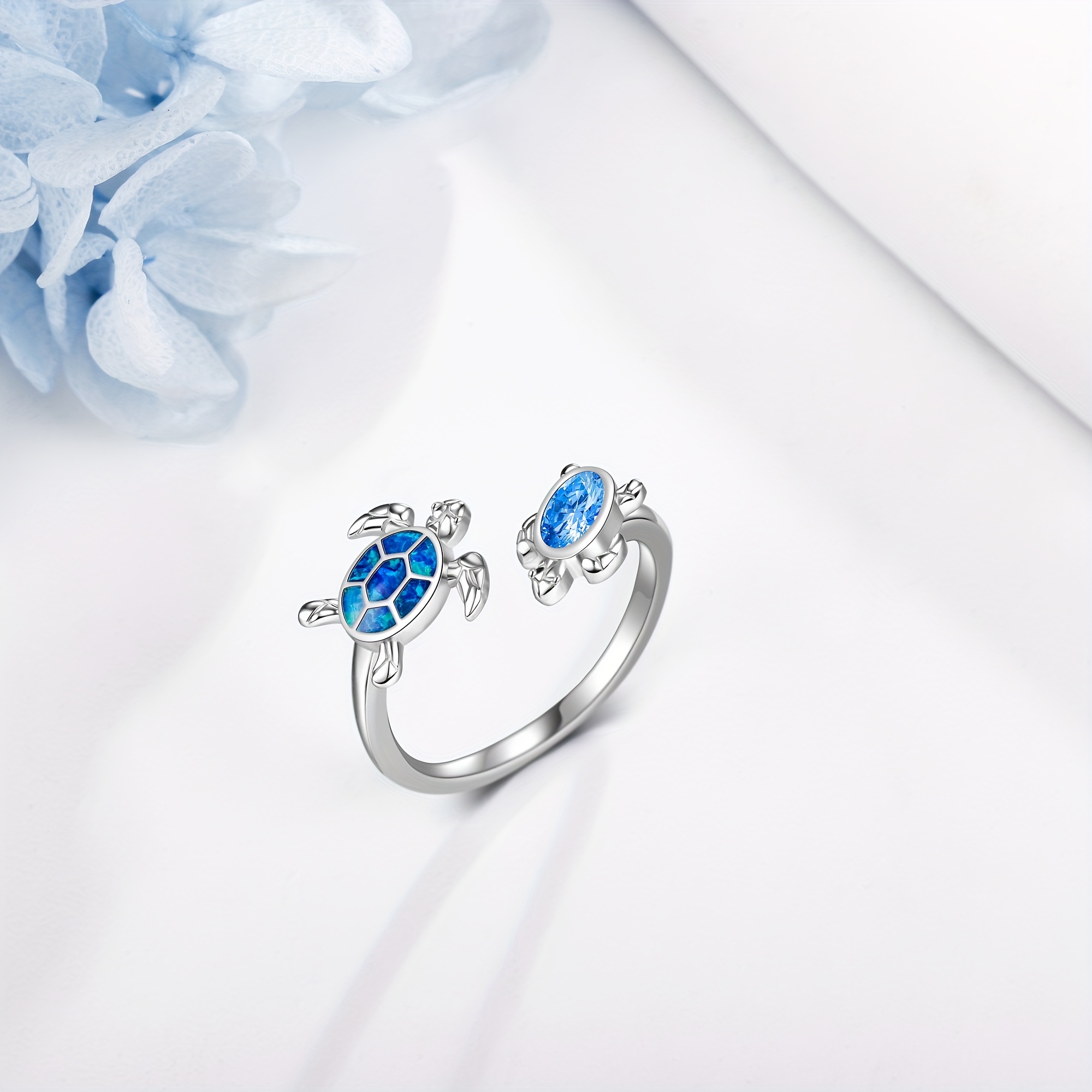 Sea Turtle Ring 925 Sterling Silver Synthetic Opal Adjustable Ring