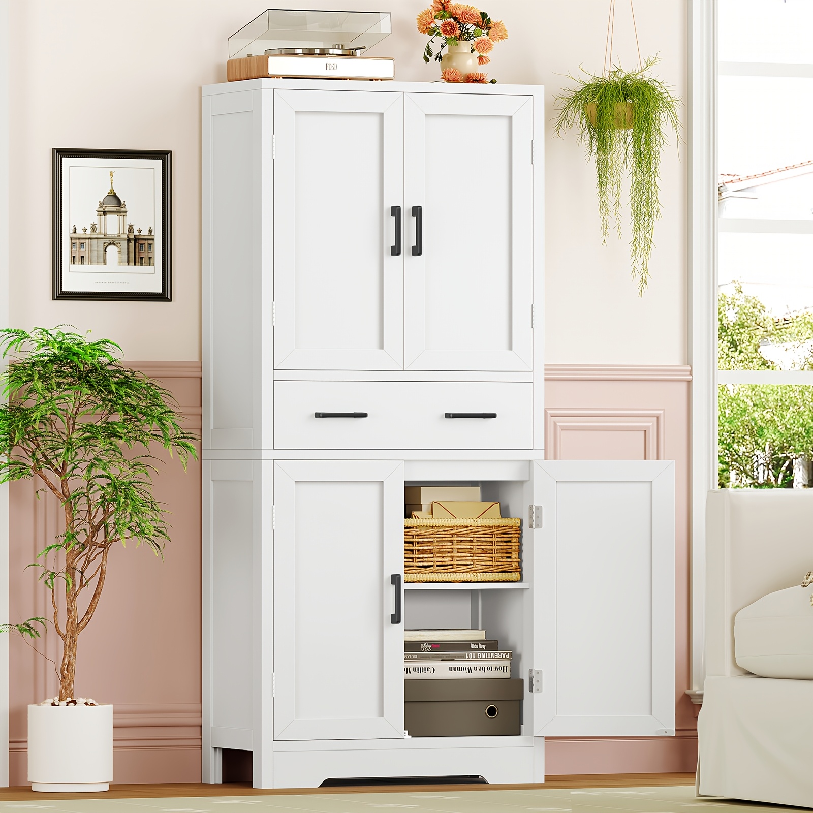 Image of Large Modern Tall Storage Cabinet Freestanding Pantry Cupboard With & 1 Drawer, Adjustable Shelves Suitable For Kitchen, Bathroom, Living Room, Laundry Room, Assembly, Space- Vertical Cabinet