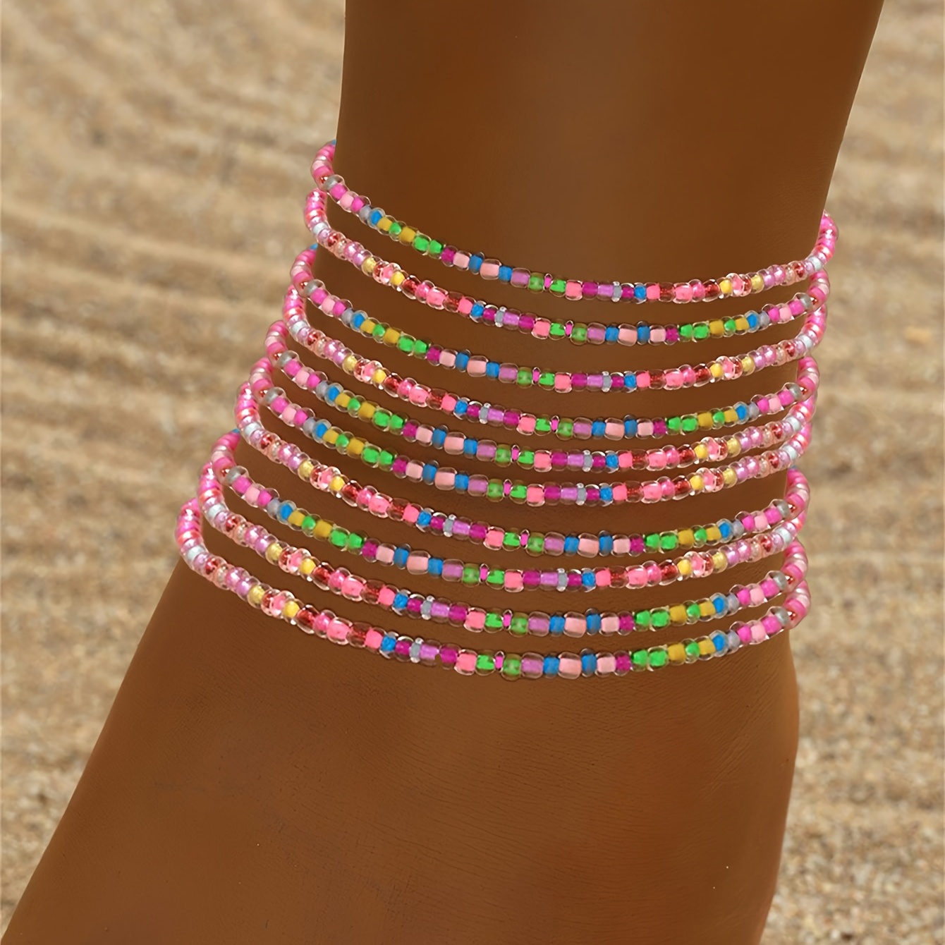 10pcs/set Of Colorful Women's Elastic Rope Anklets, Easy Minimalist Ankle Bracelets, Beach Additions For Women