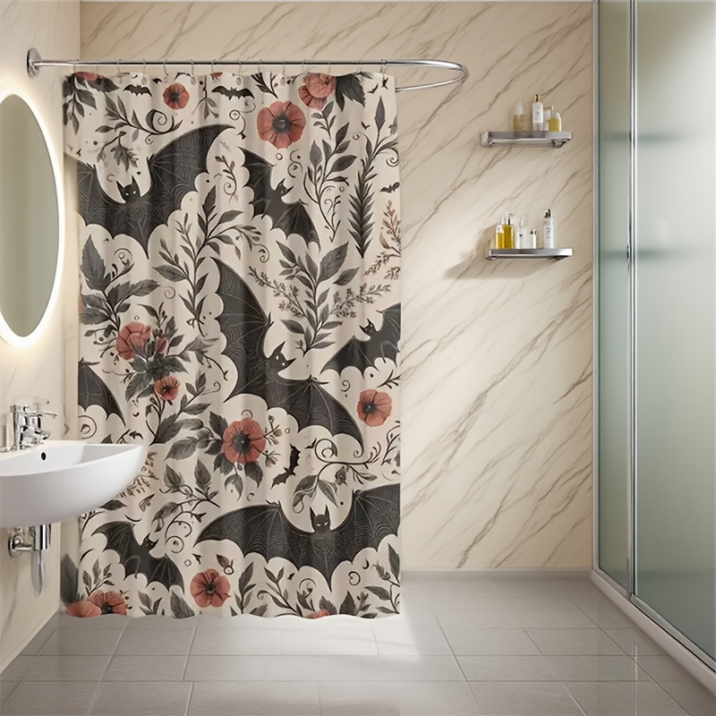 TEMU Rideau de douche 1 pièce style thème gothique, avec chauves-souris, fleurs, feuilles et autres sur , lavable, matériau, crochets inclus, très