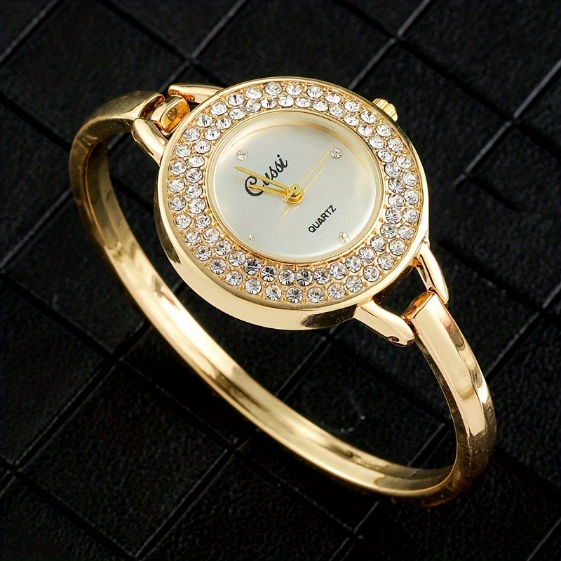 Elegant Ladies' Golden Bracelet Watch with Luxurious Rhinestone Surface