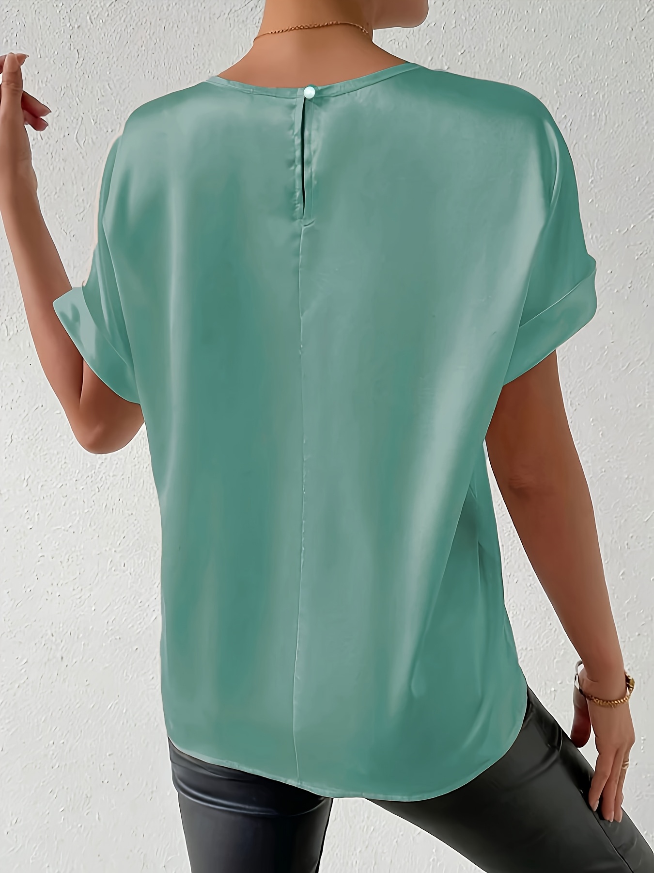 Women'S Plus Size Light Blue Woven Blouse - Elegant Short Sleeve Crew Neck, Solid Color, Non-Stretch Fabric, Perfect for Summer, Casual Summer Wear|Sleek Fitted Look|Nonstretch Material, Plus Size Blouses