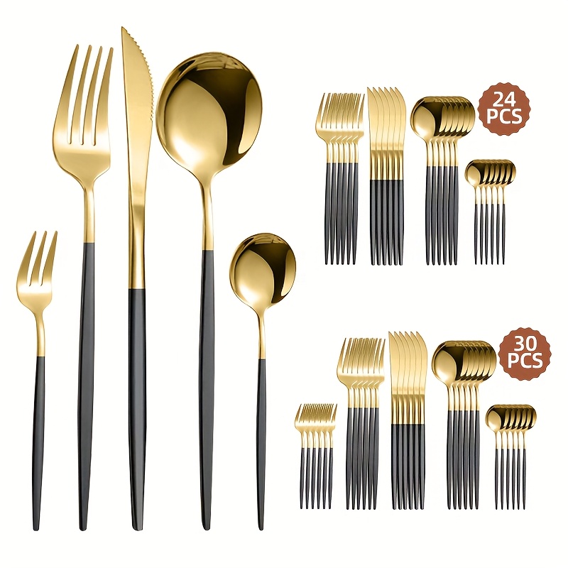 24 30pcs portuguese stainless steel cutlery set 6 person high end   polished tableware with steak knife salad fork dessert spoon dishwasher safe rust resistant suitable for   party recommended christmas gift black golden tableware set Product details 0
