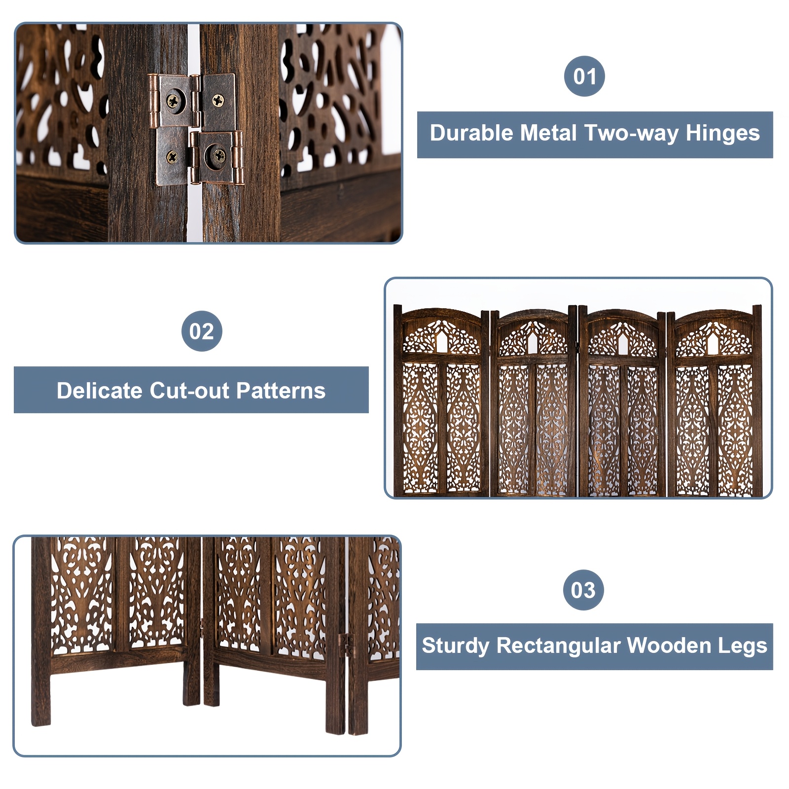 Handmade 4 or 6 Panel Floral Carved Wood Room Divider Screen - Freestanding Folding Privacy Partition with Burning Walnut & White Finish, Ornate Lattice Design, Lightweight Portable for Home Office Hotel Decor, Space-Saving Decorative Partition