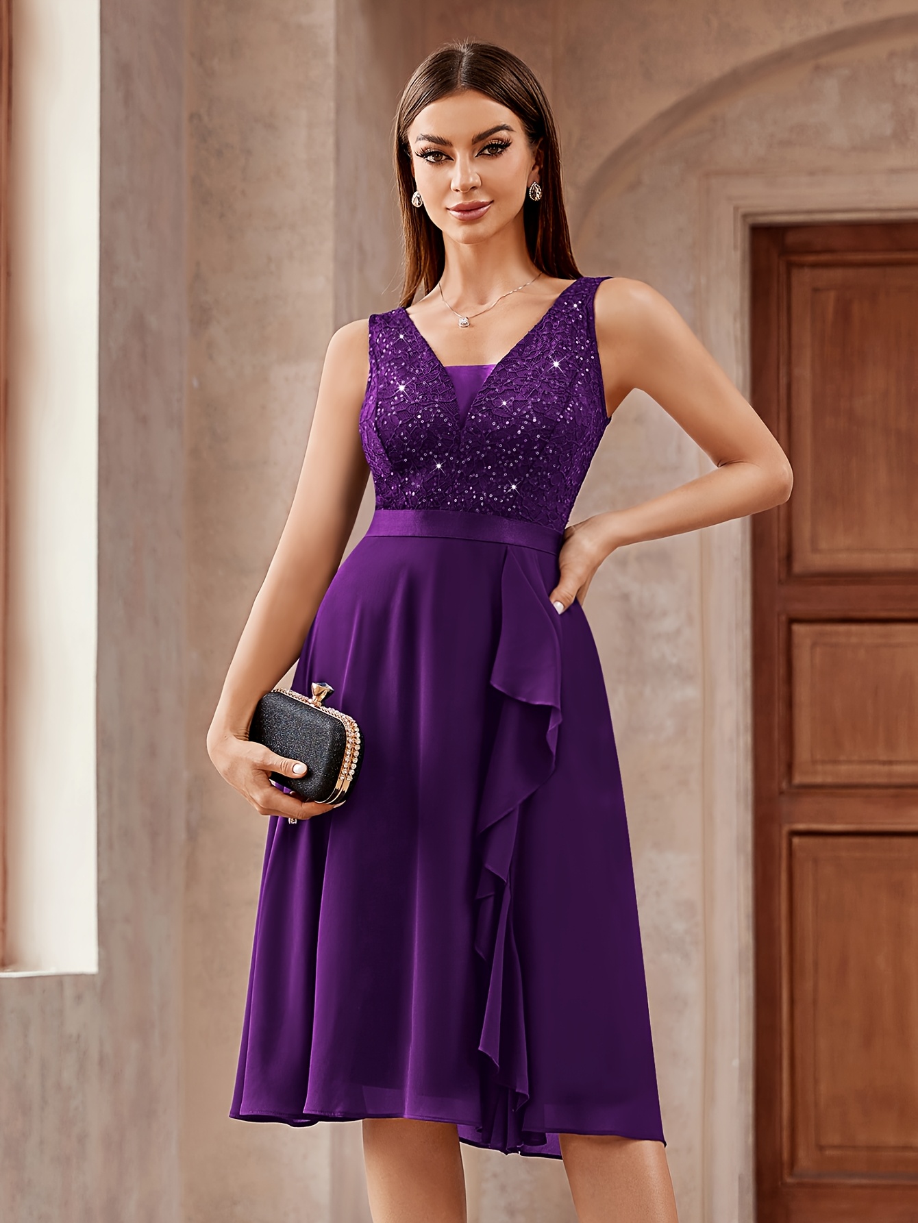 y54224 elegant womens sequin lace a line bridesmaid dress v - Temu