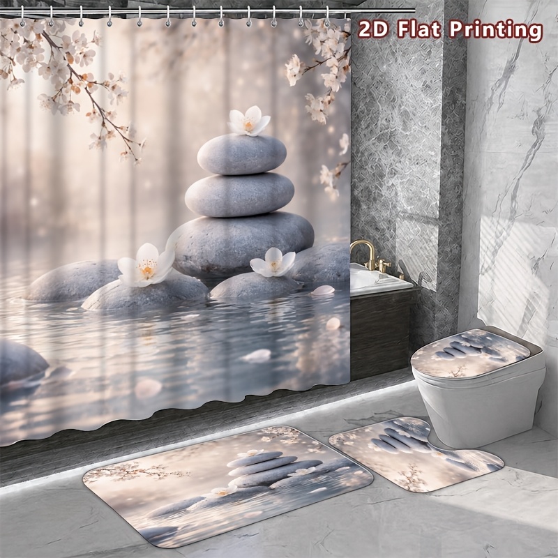 4pcs Zen Sakura Shower Curtain Set with Bath Mat