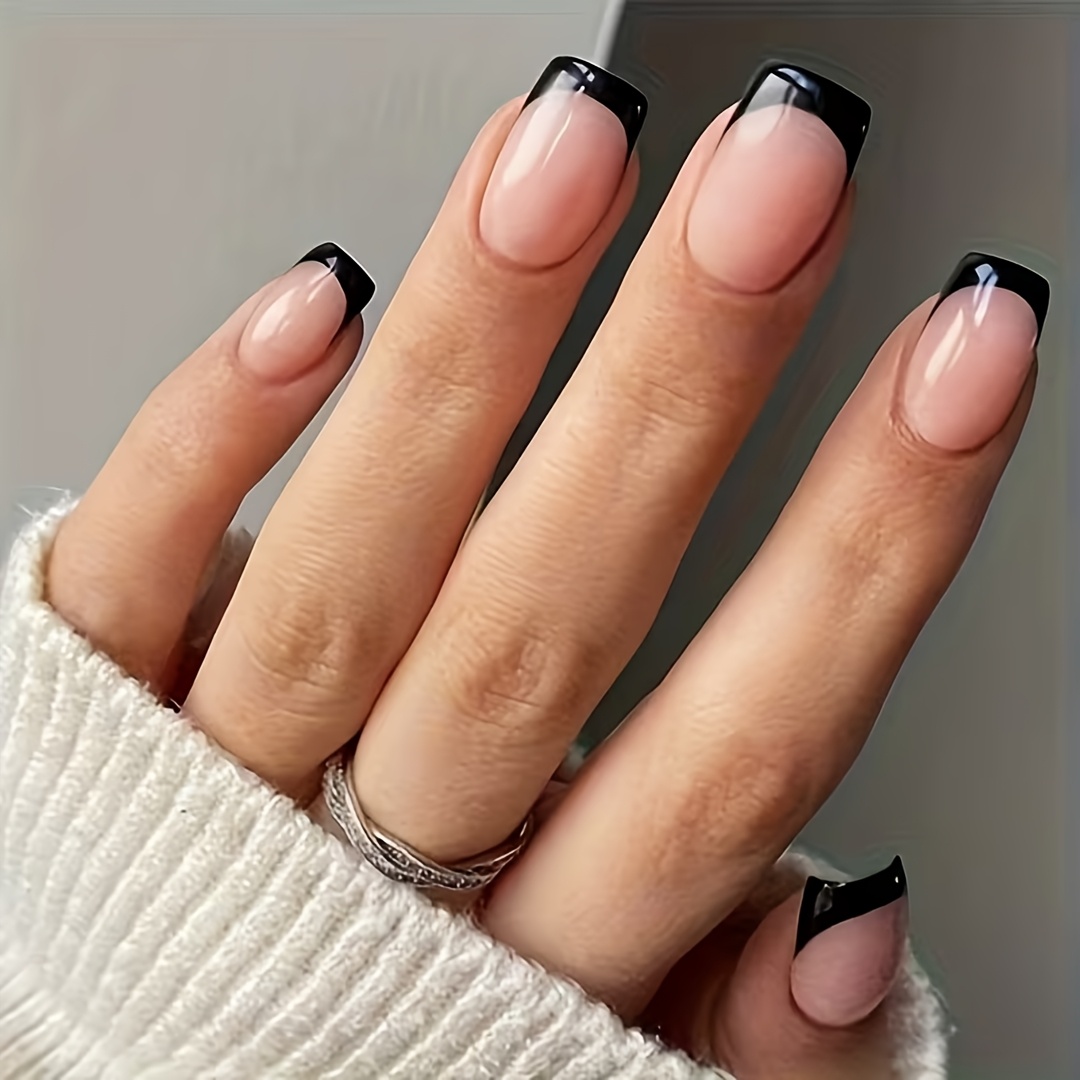 TEMU 60pcs Short Square Nail Tips, Nude And Black Fake Nail Set, For Artificial Nails, Suitable For Holiday Wear, 15 Sizes For Versatile Styling, For