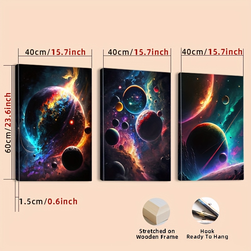 TEMU 3pcs Wood Framed Canvas Print Art, Colorful Painting, Planets, Mural, Milky Way, Science Fiction Style, Glowing Planet, Science Fiction Poster,