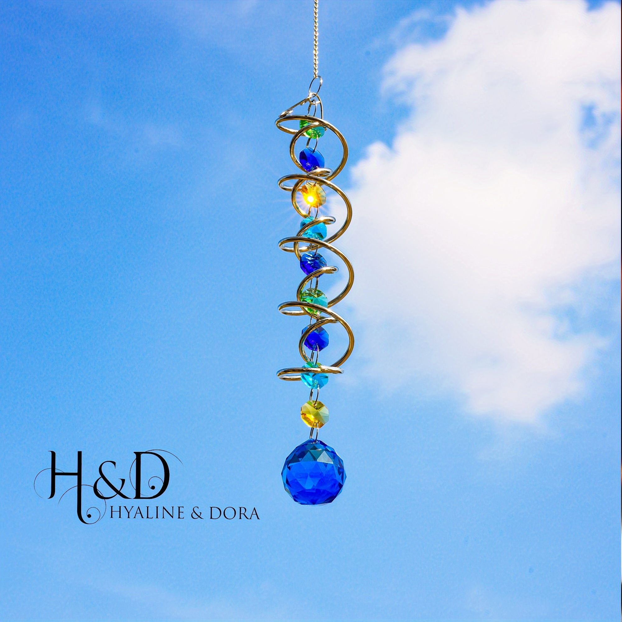 

1pcs Decorative Wind Spinner Sun Catcher Spiral Tail Gazing Ball With Sea Blue Crystal Ball And Chain Double-spiral Rainbow Maker Indoor Outdoor Decoration