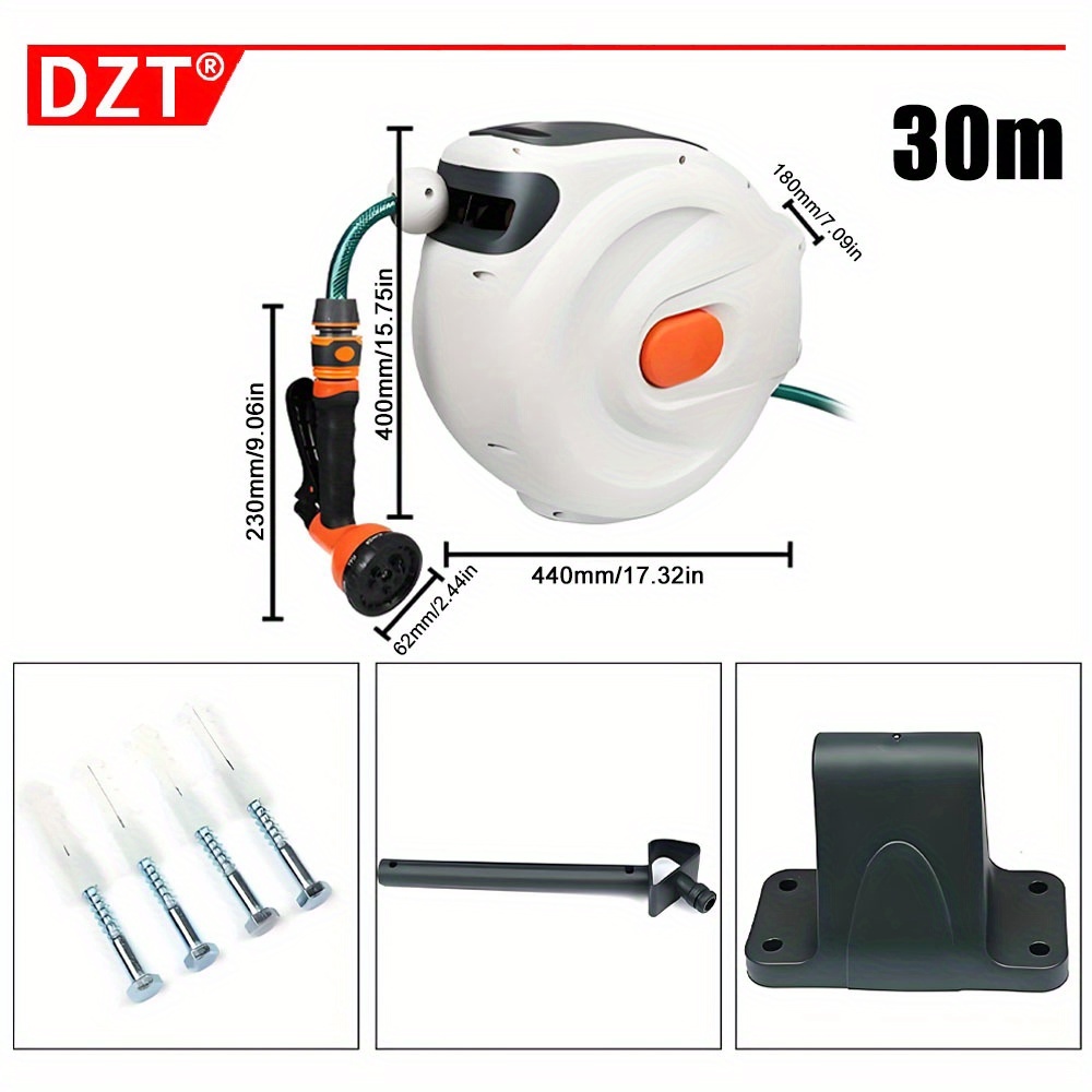 10m 20m 30m automatic   hose reel with 7 pattern hose nozzle water hose reel slow   for car garden retractable garden hose reel wall mount water hose reel 180 swivel bracket for garden watering car washing white