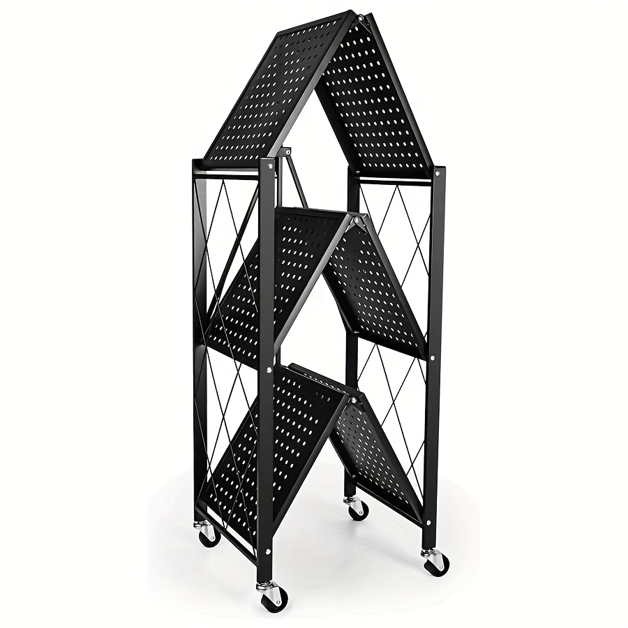 3 layer foldable storage rack with wheels   bearing capacity suitable for garage and kitchen use black iron shelving unit practical and multipurpose utility racks