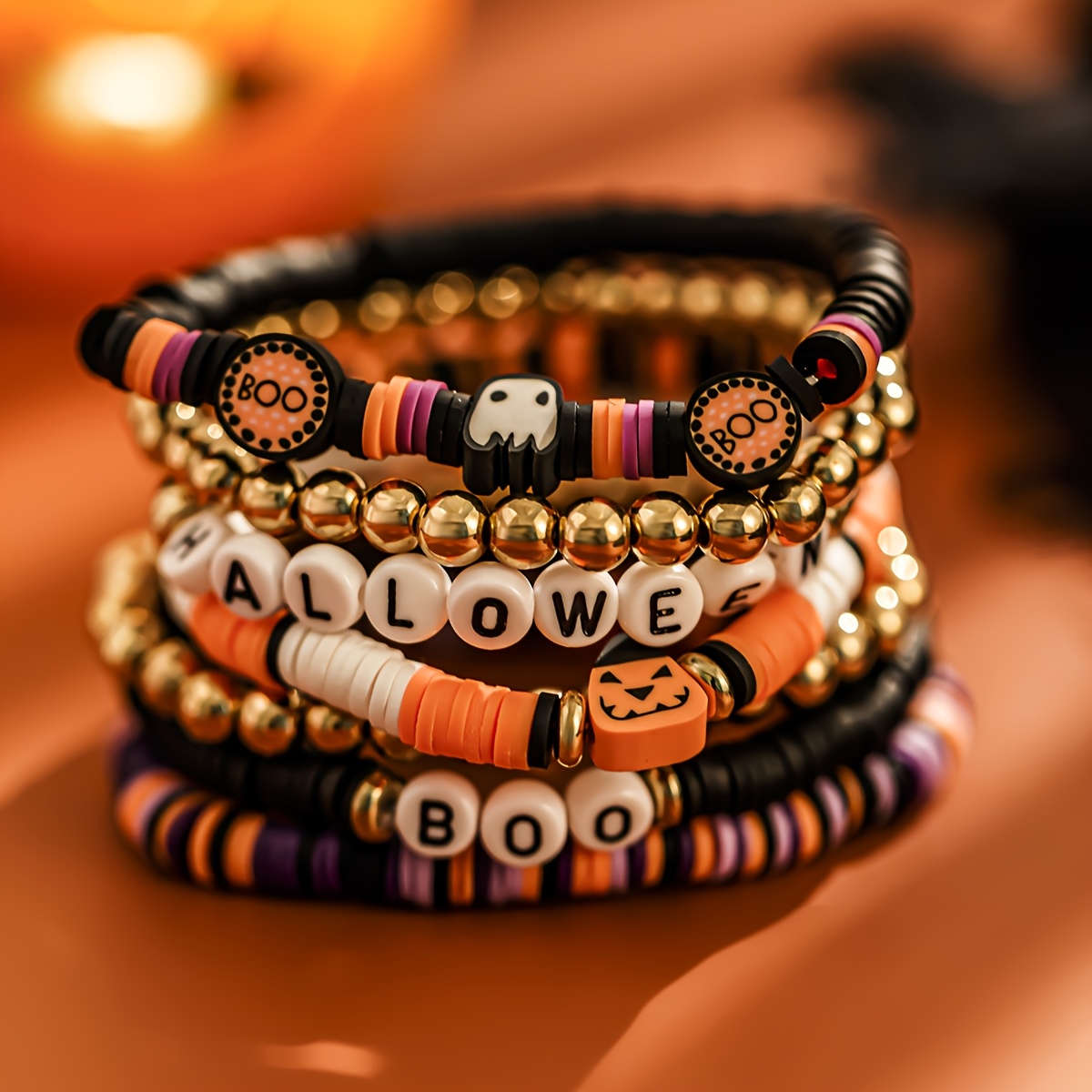 TEMU 7pcs Halloween Polymer Clay Beaded Bracelet Set, Pumpkin Boo Decorative Beads, Halloween Letter Beaded Stretch Bracelet, Holiday Stackable