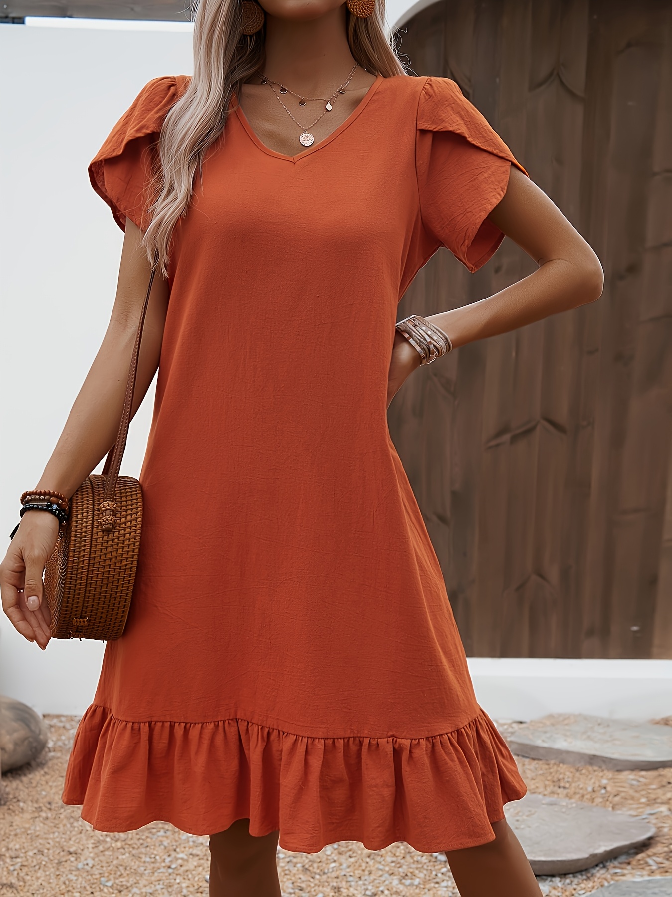 womens v neck shell sleeve ruffle hem dress temu