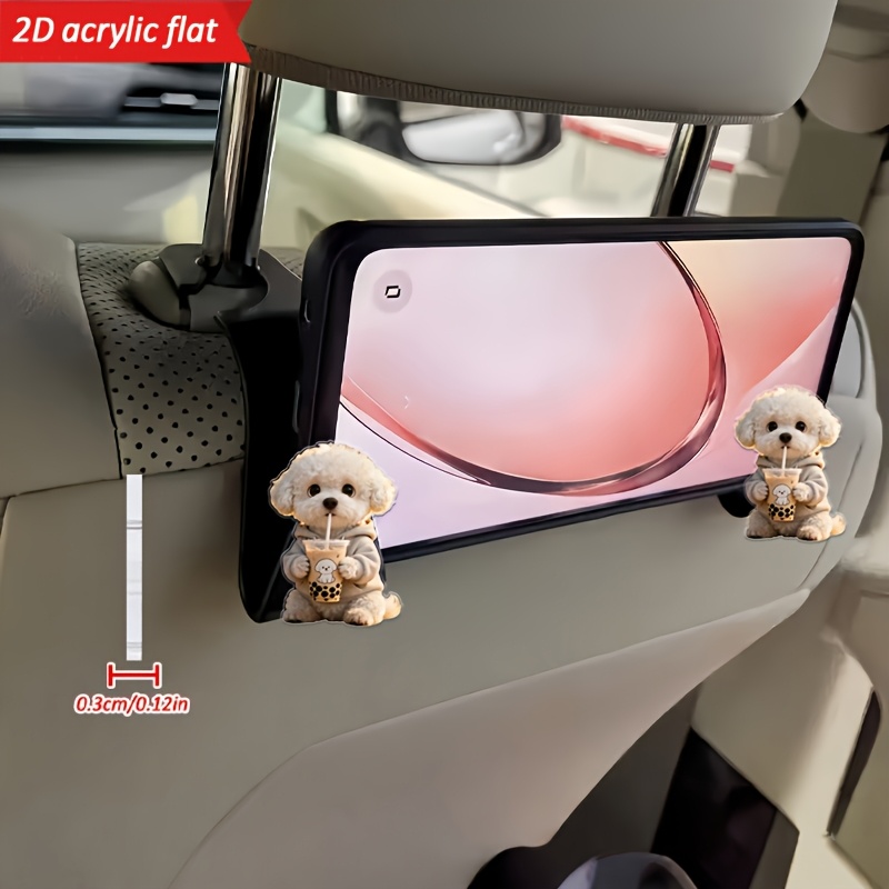 TEMU [2d Flat] Pack Of 2 - Cute Drinking Milk Tea Bichon Pattern 2d Car Seat Hook, Hidden Rear Seat Storage Hook, Stylish Design, Acrylic