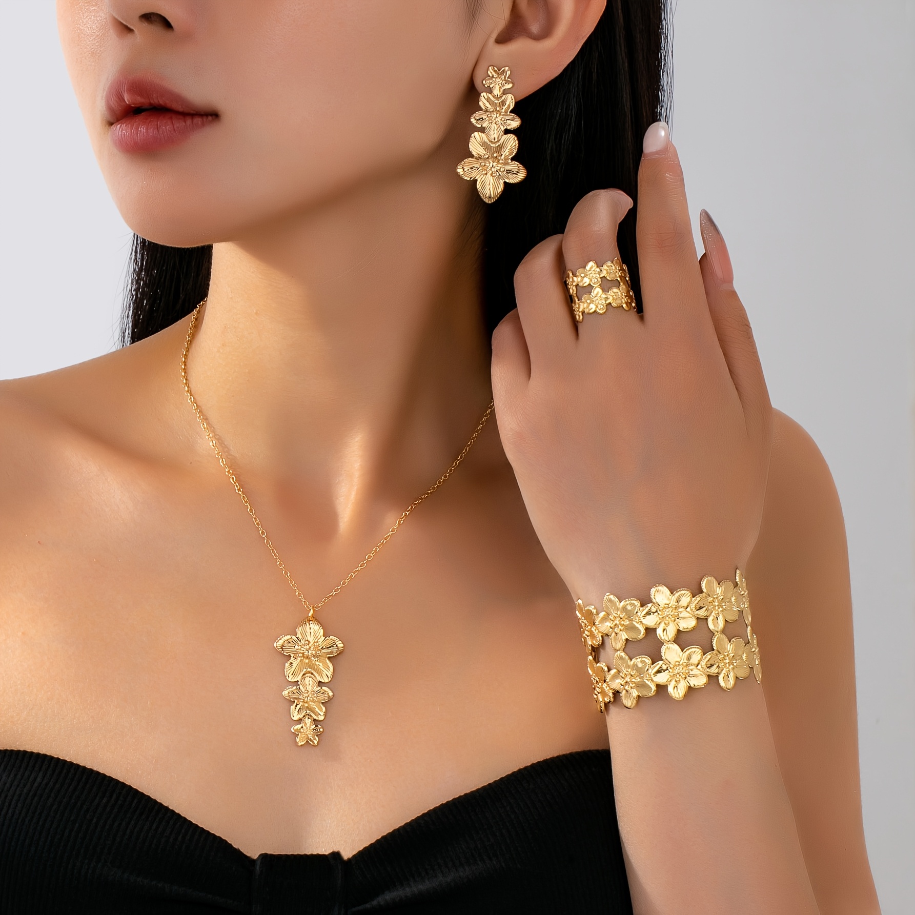 TEMU Juego de 5 Piezas: Collar, Aretes, Pulsera y Anillo de Metal con Flor de , Conjunto de Joyería Elegante y para Mujer, Accesorios Elegantes y
