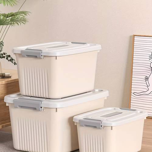 large rolling storage box with a lid stackable organizer bin heavy duty pp plastic multipurpose storage container suitable for home office bedroom closets cream colored storage box for storing books clothes for etc