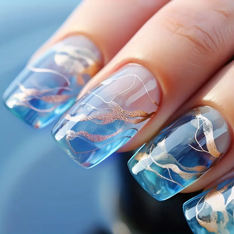 square shaped medium length press nails blue ombre golden - Temu Australia