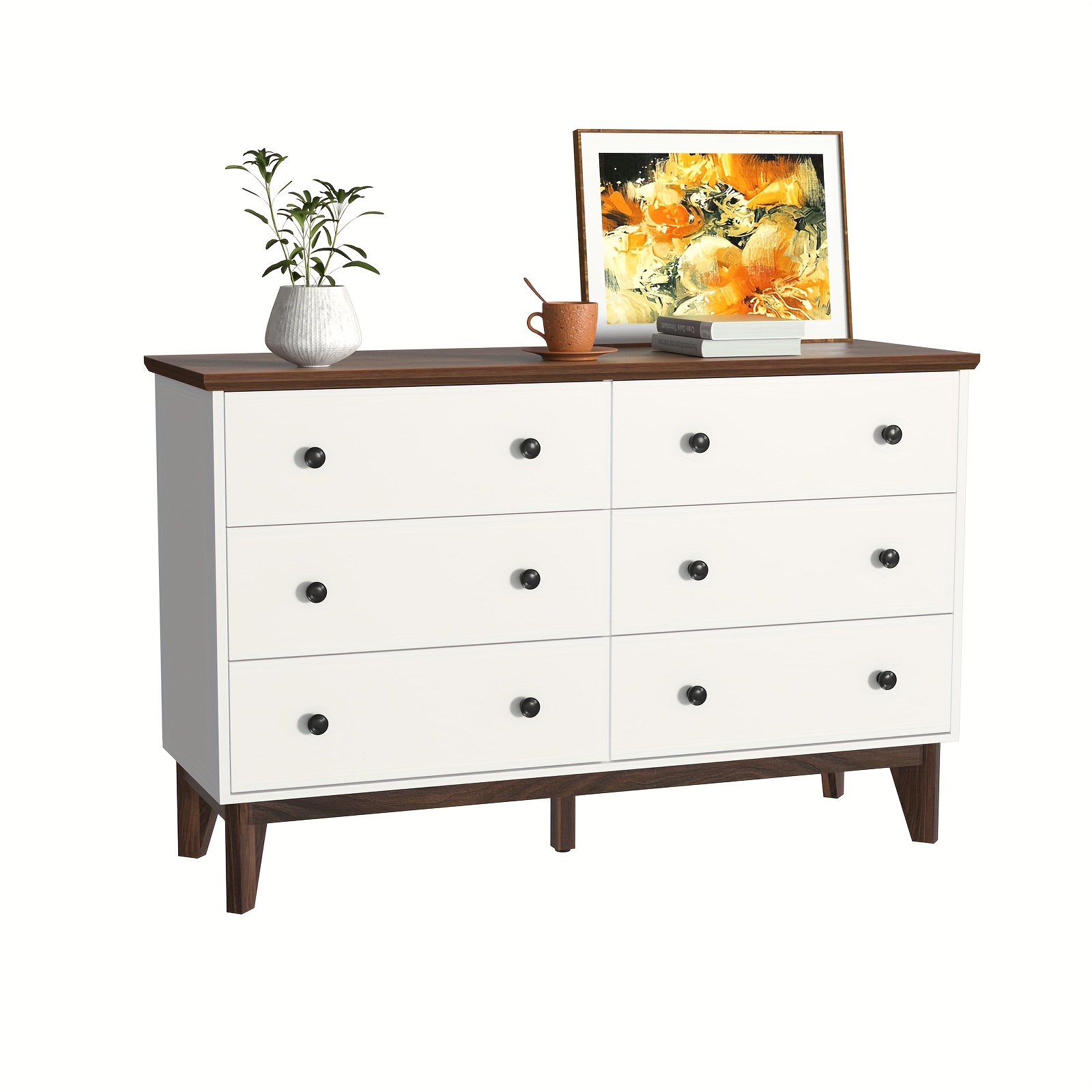 

Carpetnal White Dresser For Bedroom, 6 Drawer Dresser With Wide Drawers And Elegant Metal Drawer Knob, Wood Dressers & Chest With Wood Leg Of Hallway, Entryway.