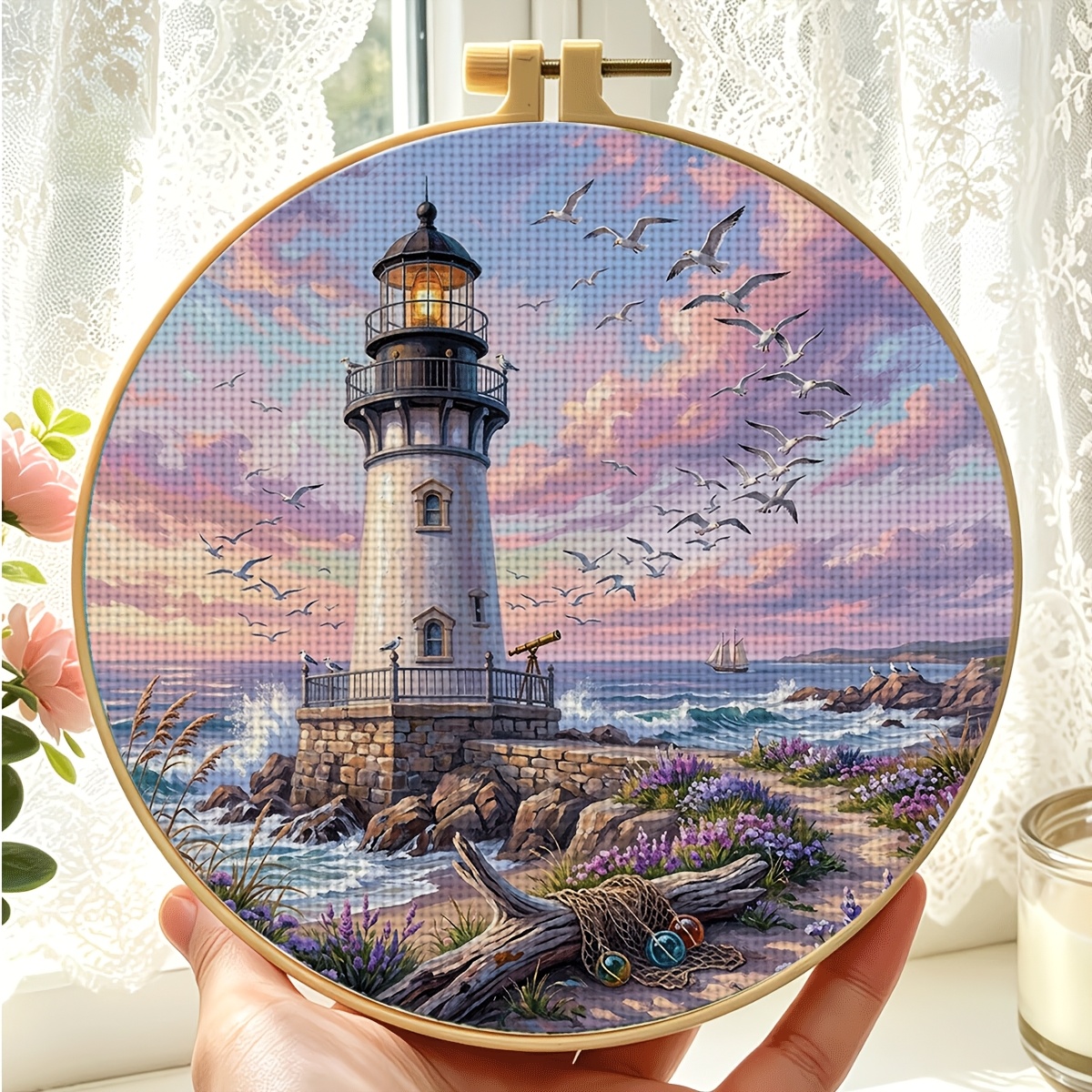 11CT Printed Fabric Cross Stitch Embroidery Hoop Kit "Seaside Lighthouse"