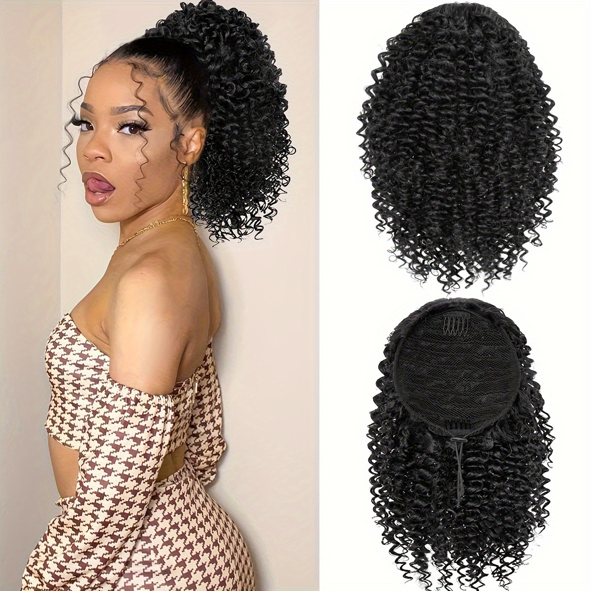 

Elegant 14-inch Black Curly Ponytail Extension For Women - Drawstring, Clip-in Synthetic Hair With Heat Resistant Fibers, Ponytail Hair Extensions