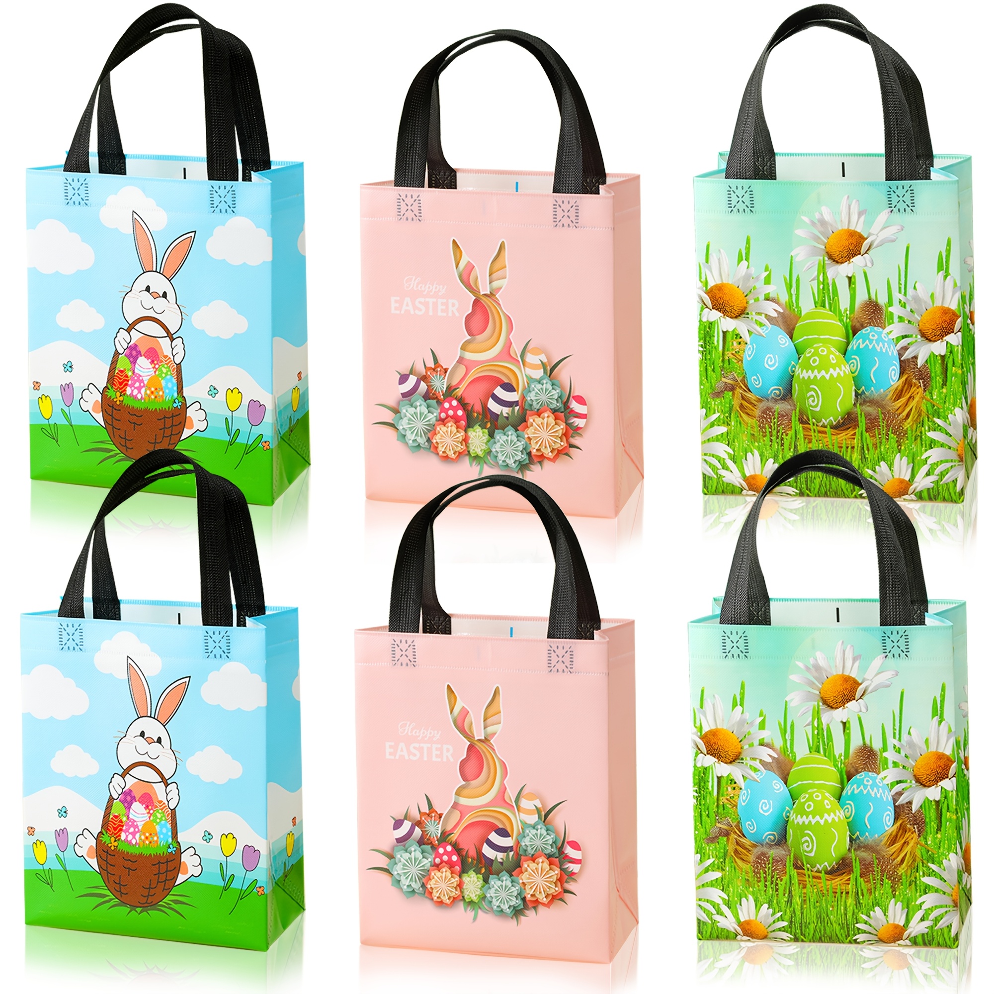 

12pcs Vibrant Easter Tote Bags With Bunny & Egg Designs - Ideal For Party Favors, Chocolate Gifts & Egg Hunts - Polypropylene In Pink, Green, Blue - Featuring Accents,