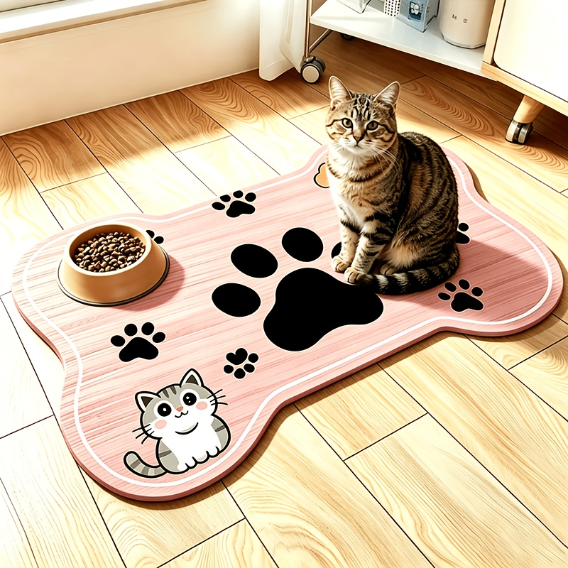 TEMU 【商品名】子猫と子犬のダブル漫画プリント ペット用フードマット - 骨の形、木目調ノンスリップ・防湿、お手入れ簡単、猫と犬に最適、洗濯可能なフード＆ウォーターボウルマット、散らかしい食べ方に最適なソリューション、ペットオーナーへのギフトに最適