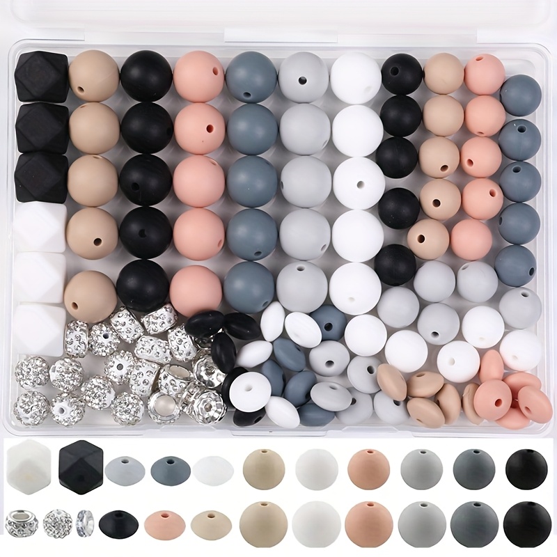 TEMU Lot de 120 perles en coloré en gros, perles polygonales + perles rondes grandes et petites + perles lentilles, 3 entretoises à strass