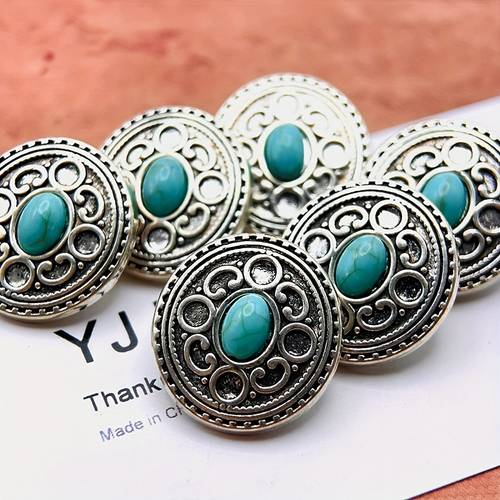 6 vintage turquoise inlaid metal shank buttons 17 5mm with a textured surface suitable for clothing headbands bags and home decor sewing supplies for diy sewing and knitting craft supplies apparel decoration clothing