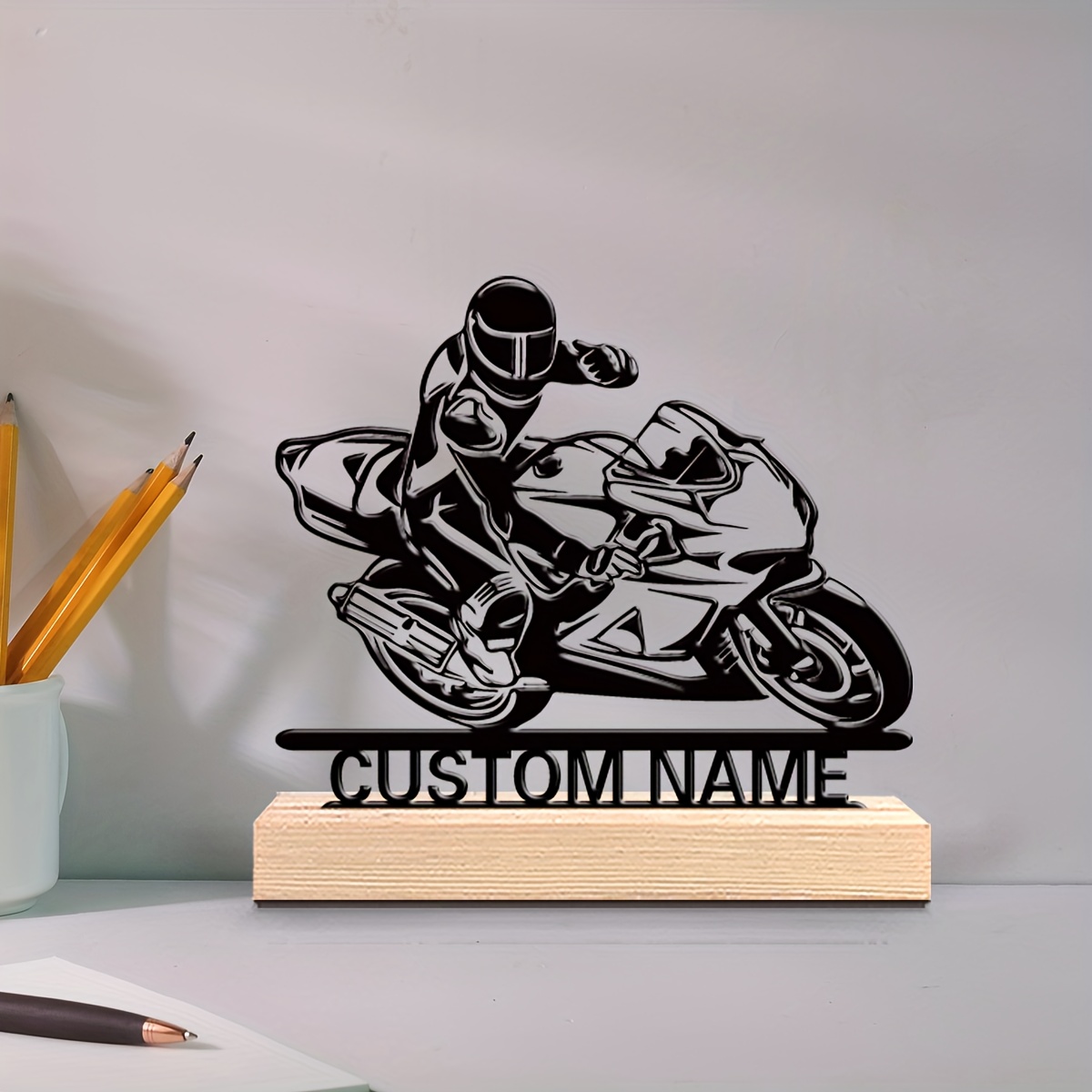 TEMU 1 Personalized Motorcycle Rider Iron Desktop Ornament, Customizable Tabletop Decoration With Wooden Base, Ideal For Living Room, Bedroom, And