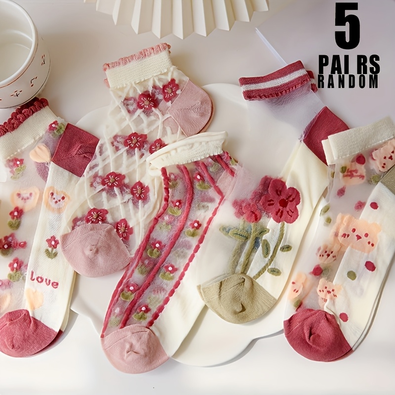 Image of 5 Pairs In A Set, Random Colors, Youth Spring/summer Lightweight Crystal Stockings, Adorable Bear Flower Glass Short Socks, For Teenager