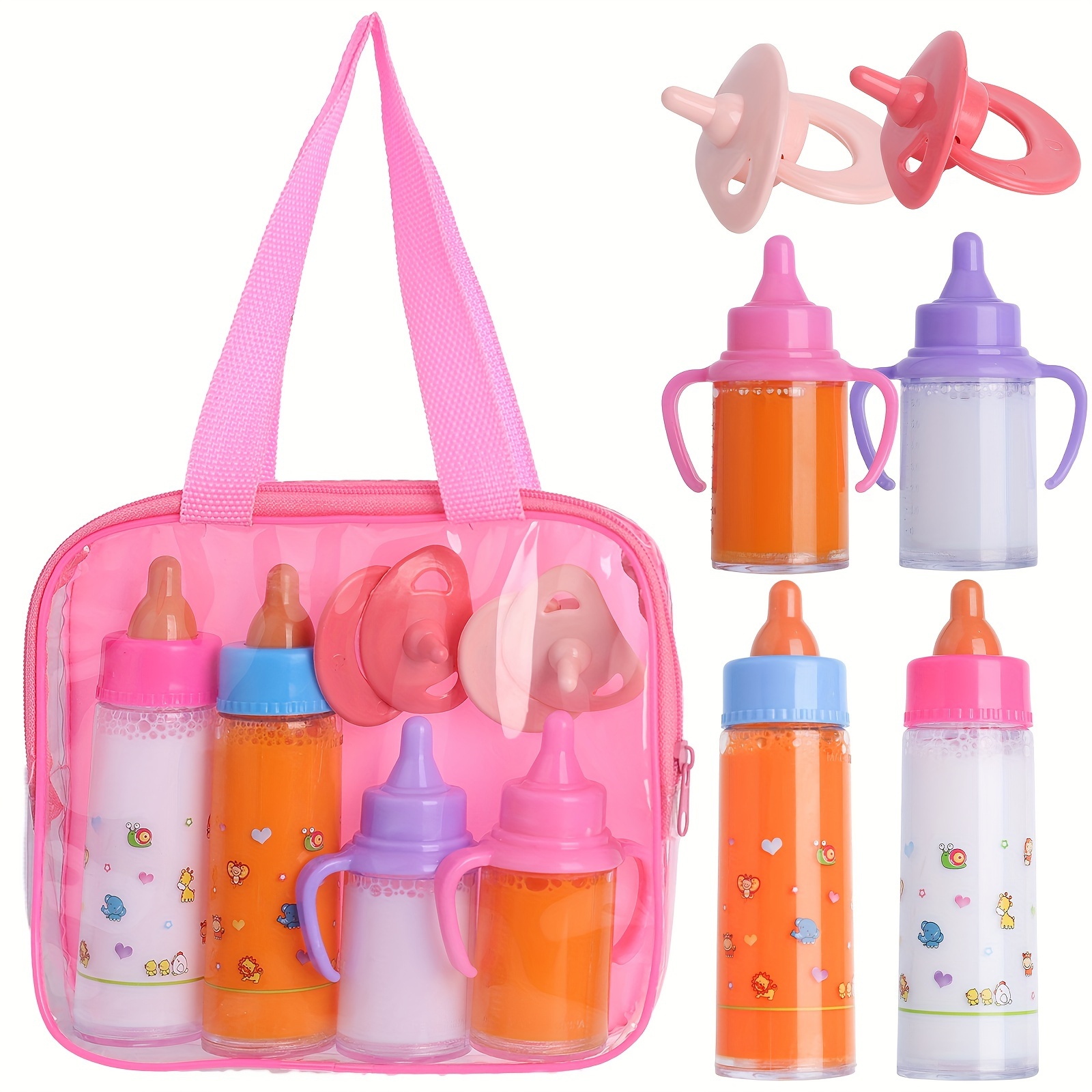 

Doll 6-piece Doll Feeding Set With Magic Milk & Juice Bottles, Toy Pacifiers In Carry Bag - Plastic Baby Doll Accessories - Suitable For 3+ Years