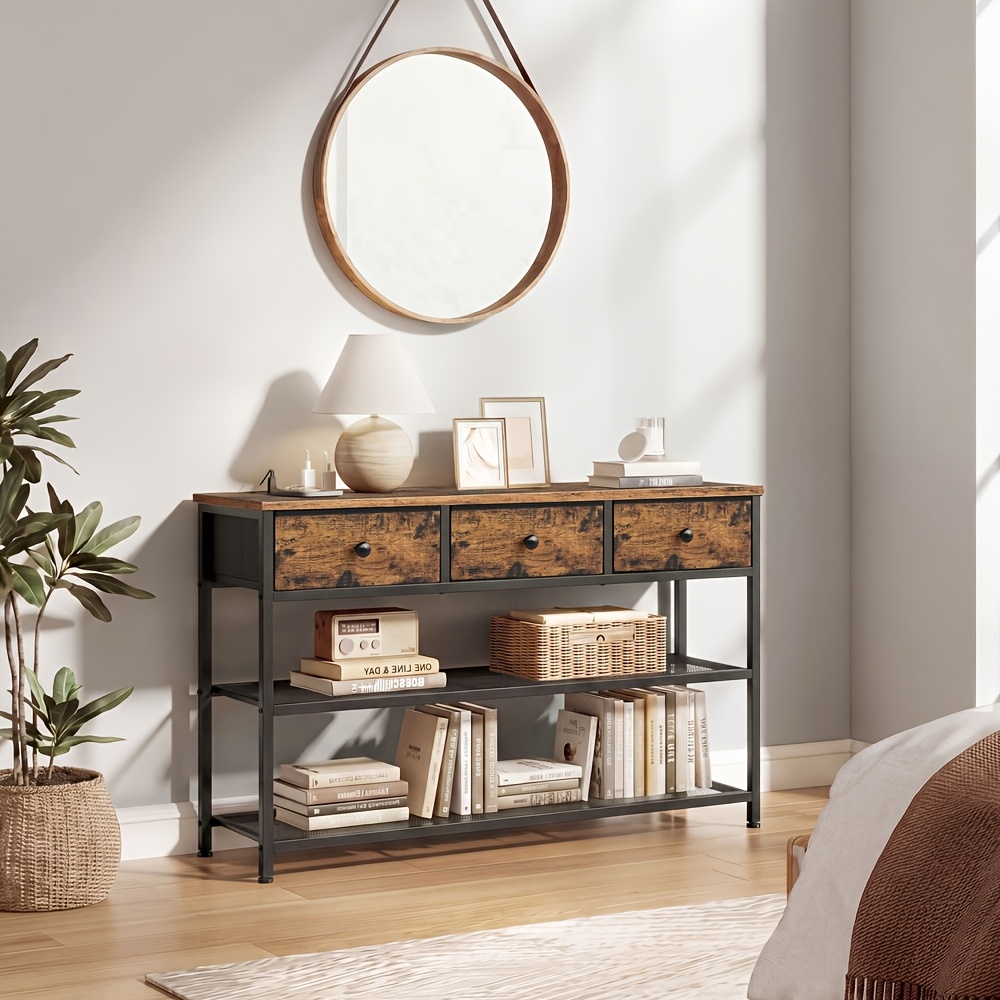 TEMU Table d'appoint, Table de canapé avec 3 tiroirs en tissu, Cadre en métal, Marron